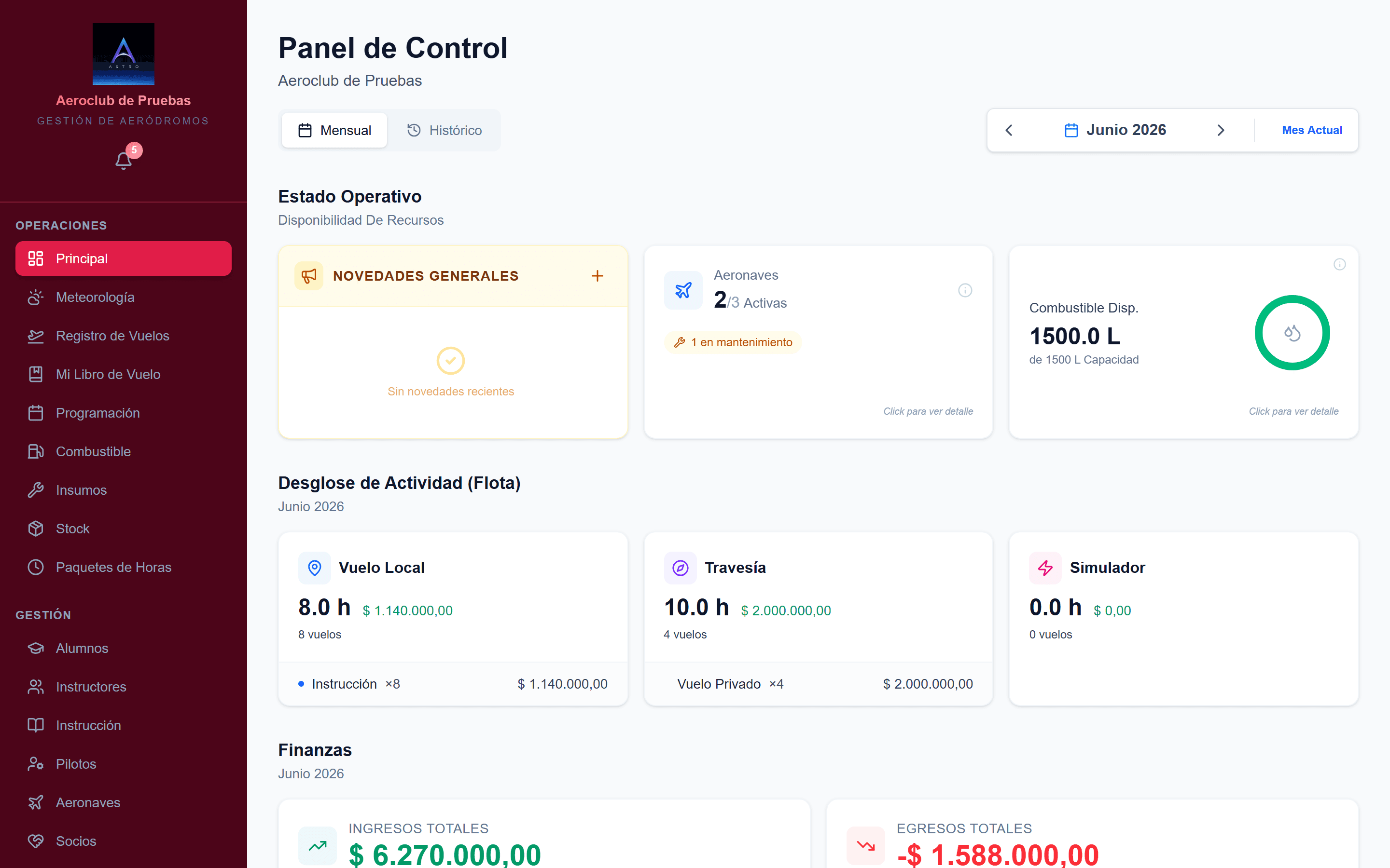 Astro Aero — Panel de control