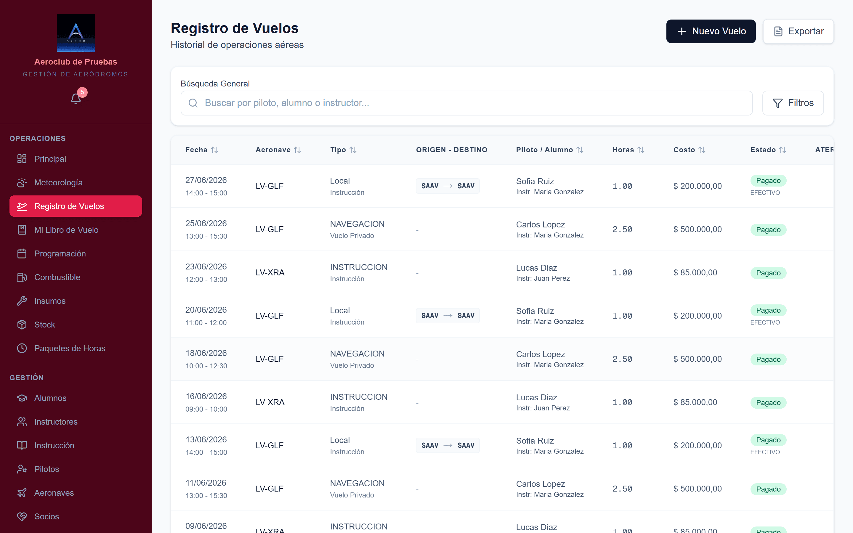 Astro Aero — Registro de vuelos
